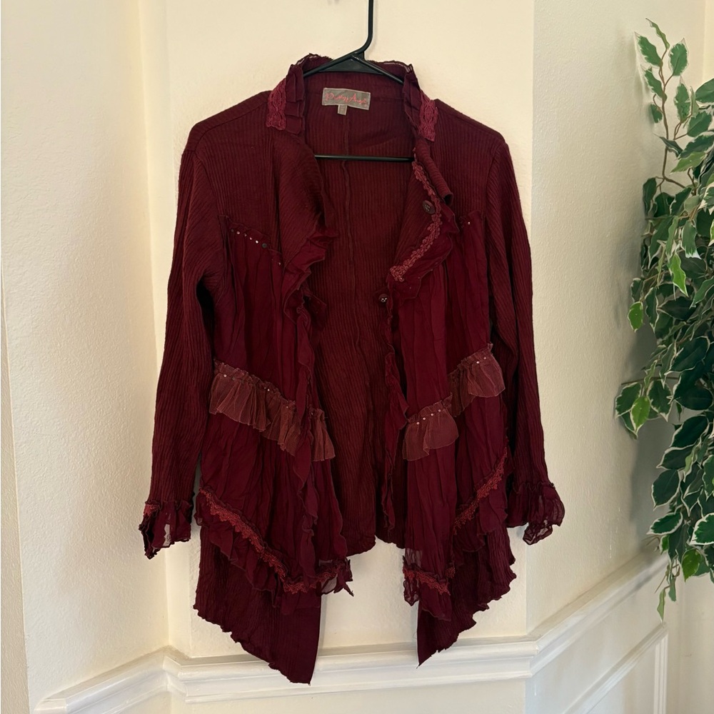 Pretty Angel Burgundy Ruffled Open Cardigan